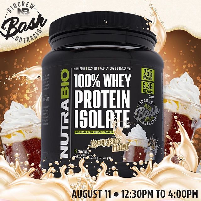 Need more motivation to come to @NutraBio's BioCrew Bash BBQ and grand re-opening tomorrow?! Then here it is -- a free EIGHT serving tub of their new limited edition 100% Whey Protein Isolate flavor, ROOT BEER FLOAT!⠀