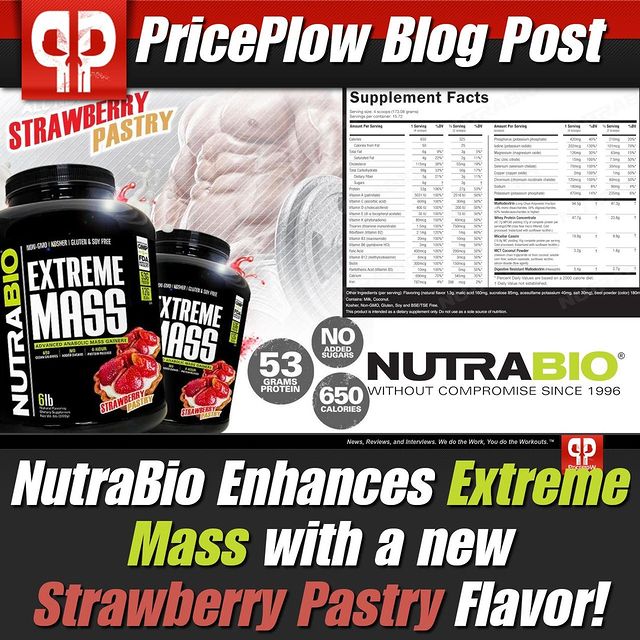 A LONG-awaited flavor update: @NutraBio has given their new flavor system treatment to the EXTREME MASS Weight Gainer, with a STRAWBERRY PASTRY flavor:⠀