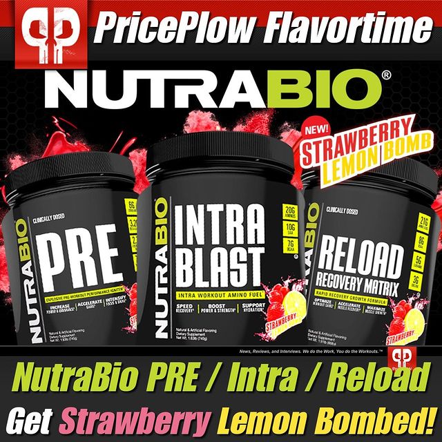 @NutraBio's Strawberry Lemon Bomb flavor system (which is AWESOME in Alpha EAA!) is now in their top-rated PRE Workout Supplement, Intra Blast, and RELOAD!⠀