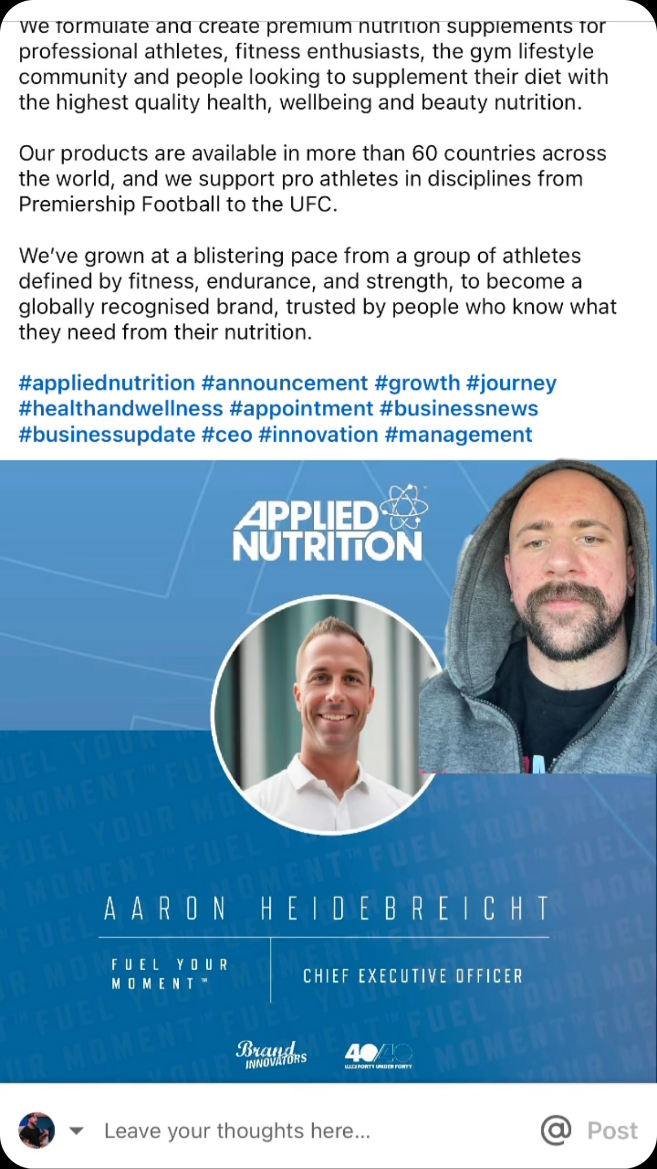 Big congrats to @aaron_heidebreicht on joining @appliednutrition as global CEO