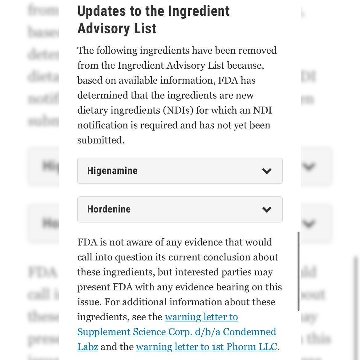 Hordenine and higenamine removed from FDA advisory list