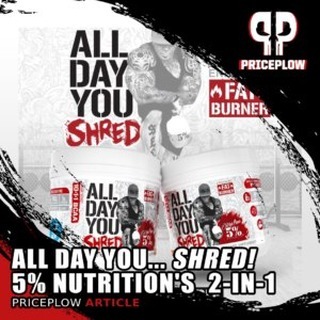 All Day You SHRED! @5PercentNutrition makes a wild variation of their ALL DAY YOU MAY recovery-boosting amino feeder, and turns it into a fat burning cocktail with 125mg of caffeine and a very unique fat burning matrix.