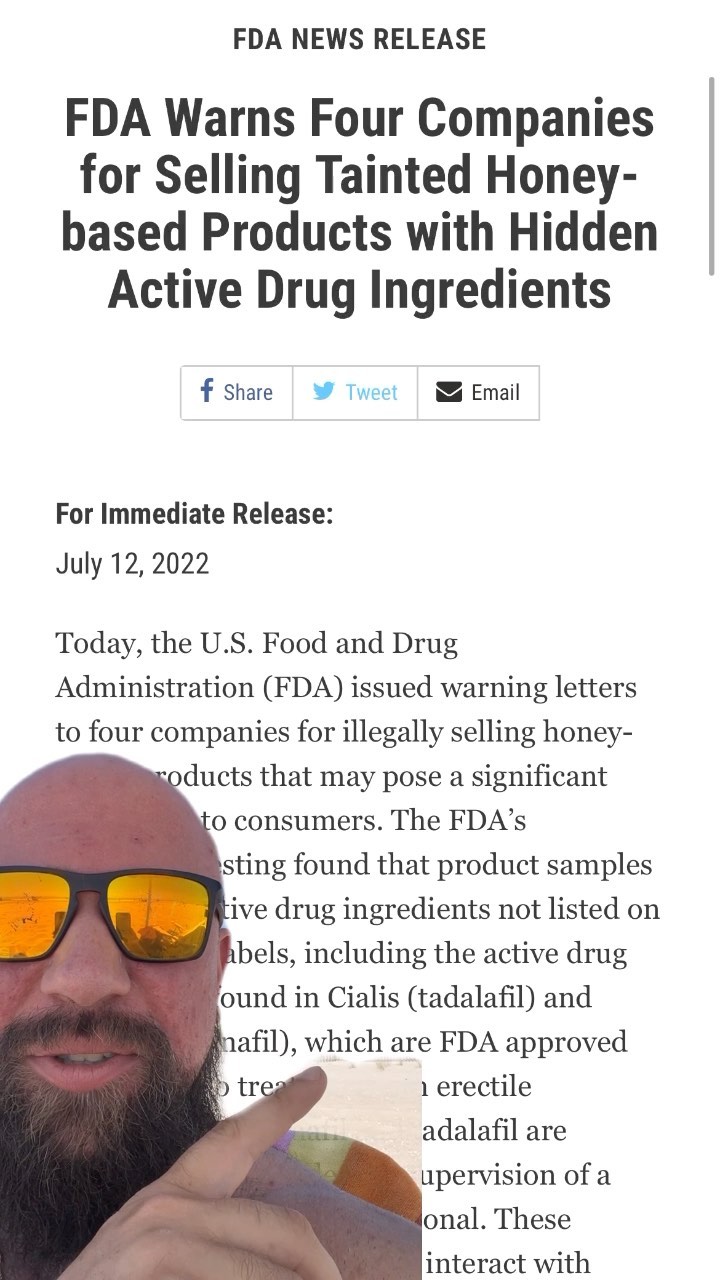 @fda sent 4 warning letters to HONEY companies tainted with cialis and viagra